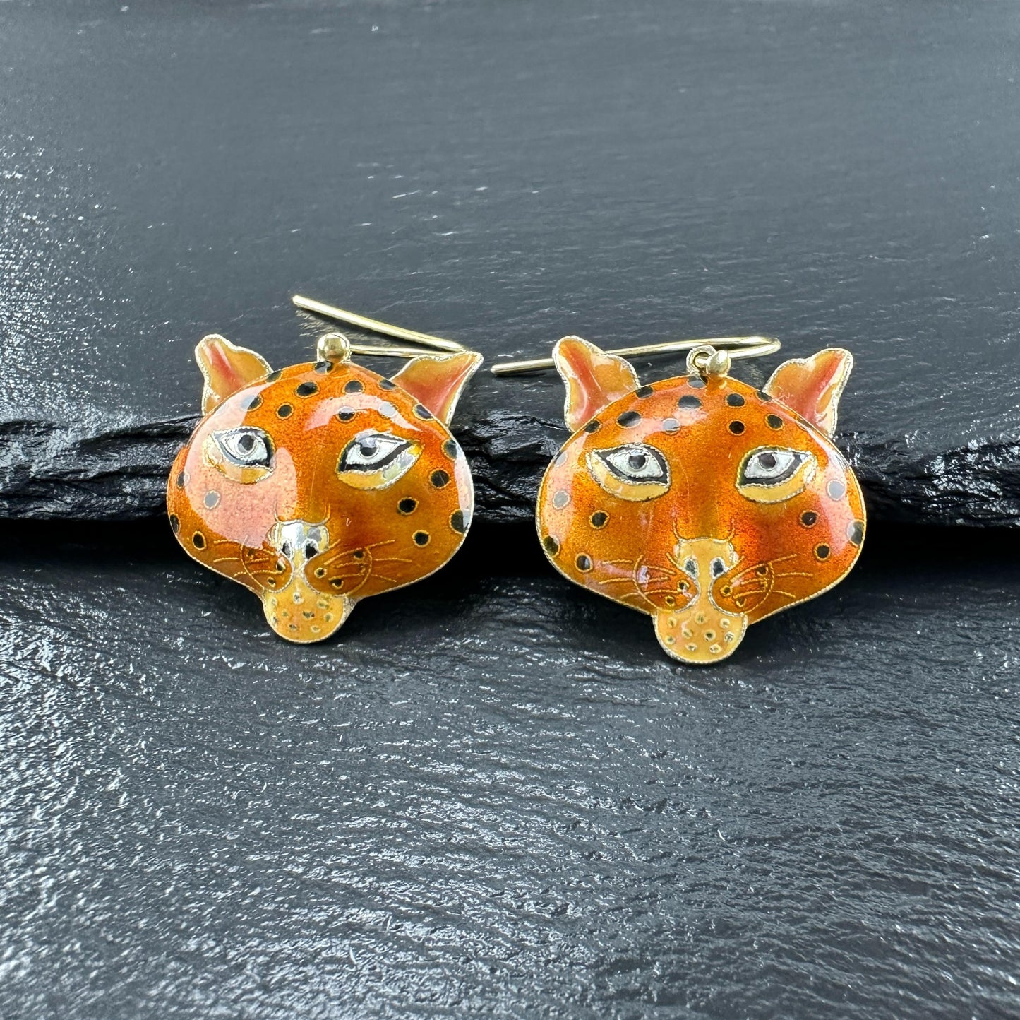 Laurel Burch Orange, Gold Gilded Enamel Cheetah Cat Fish Hook Earrings Sterling Silver