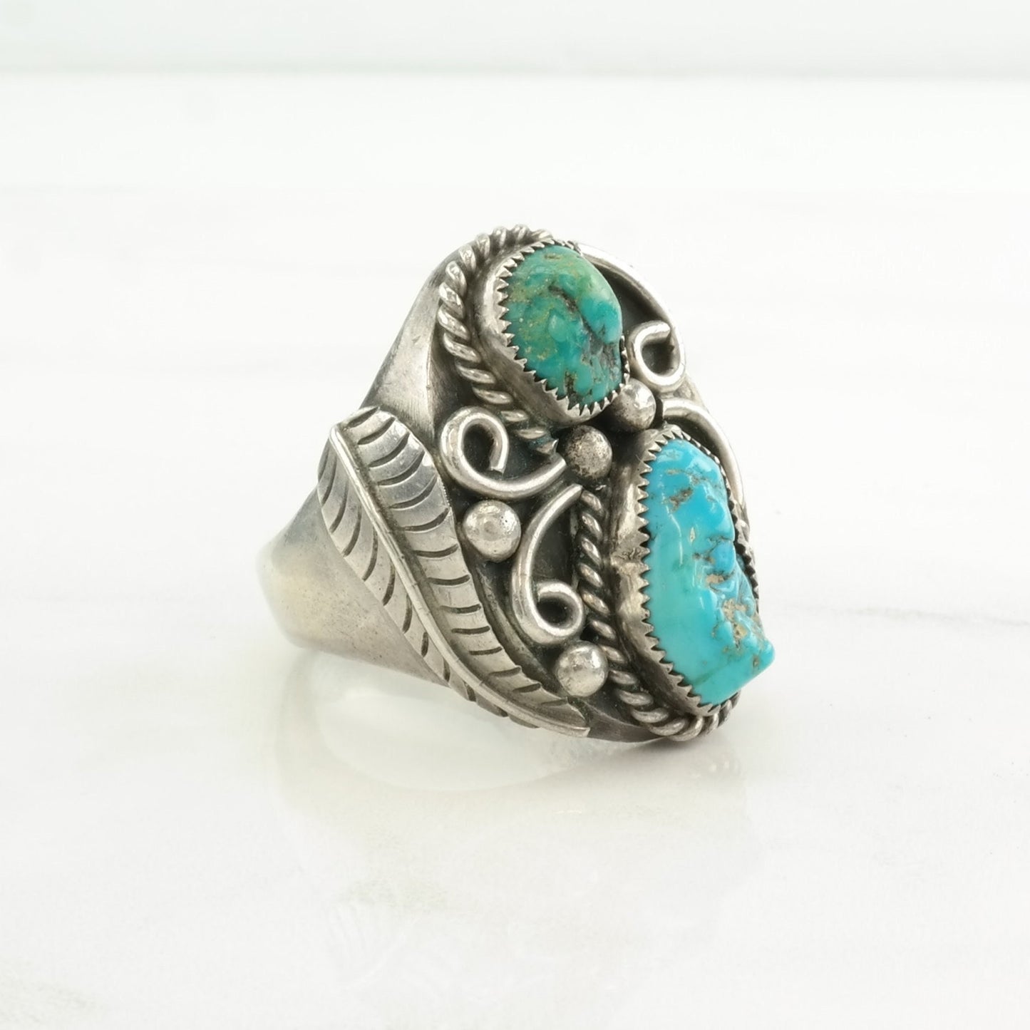 Vintage Native American Silver Ring Turquoise Leaf Sterling Blue Size 11 3/4