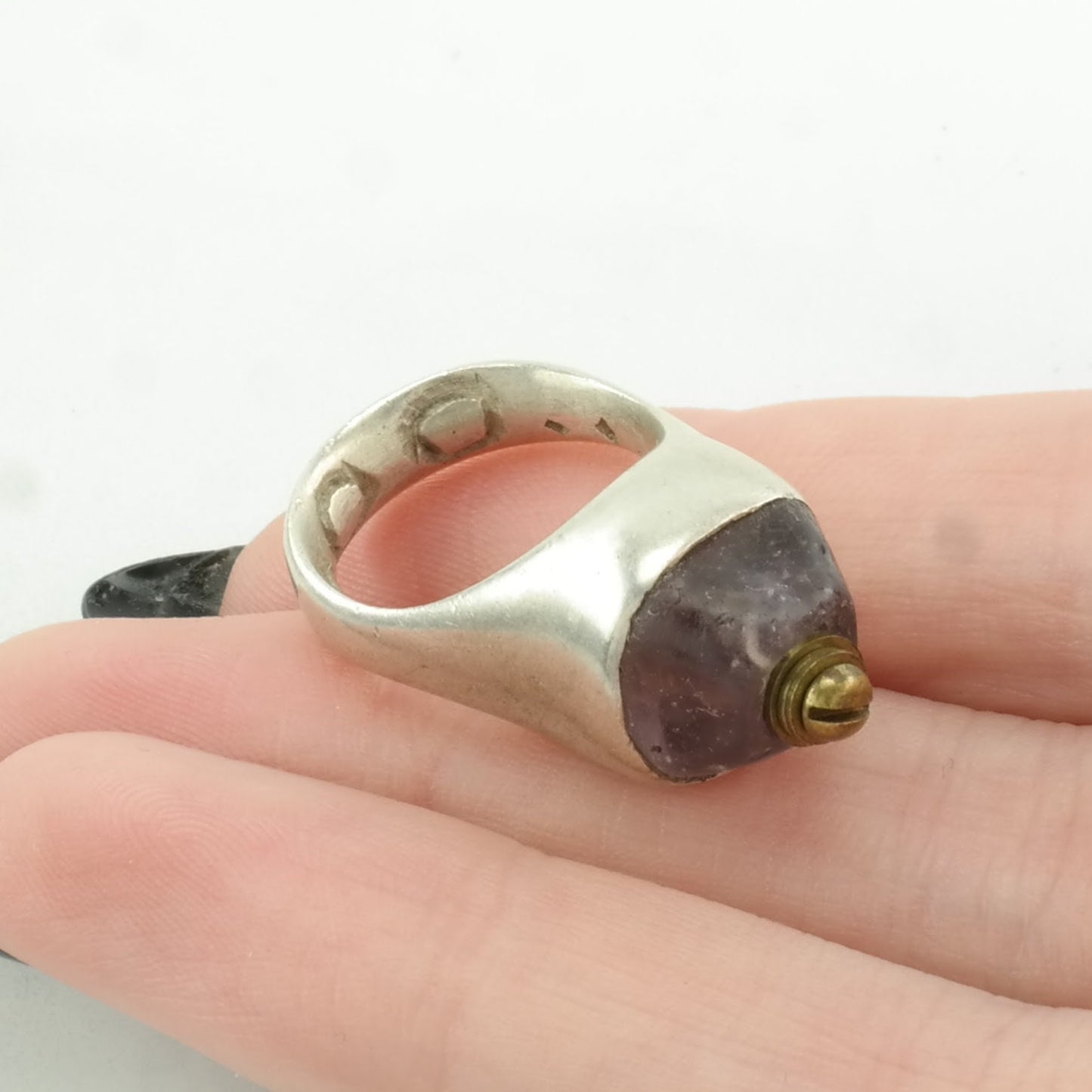 Vintage Sterling Silver Ring Amethyst Brass Accents Size 3
