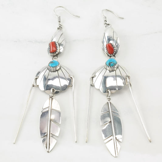 Vintage Native American Turquoise, Coral Sterling Silver Fish Hook Earrings