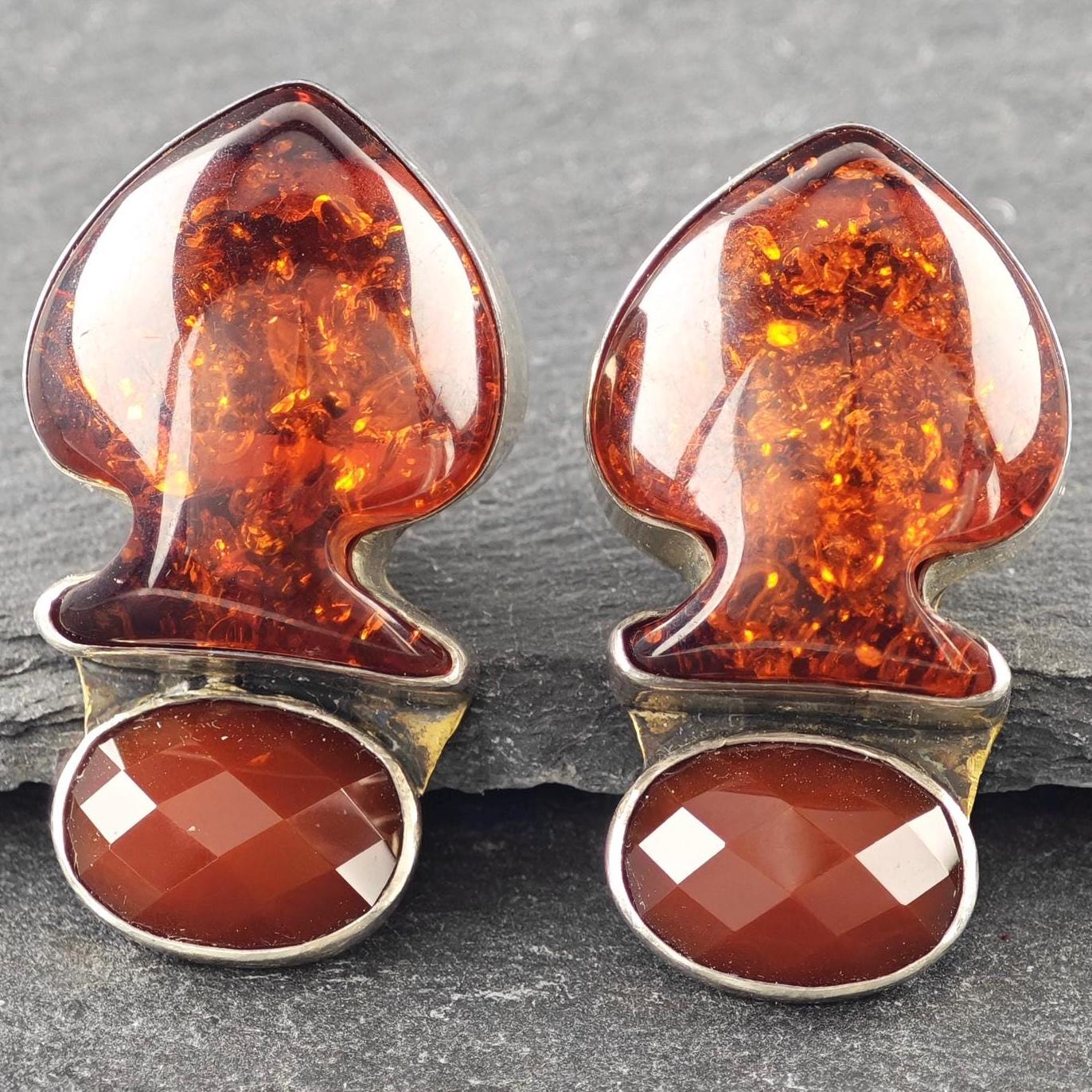 Sterling Silver Orange Red Amber Carnelian Clip-On Earrings