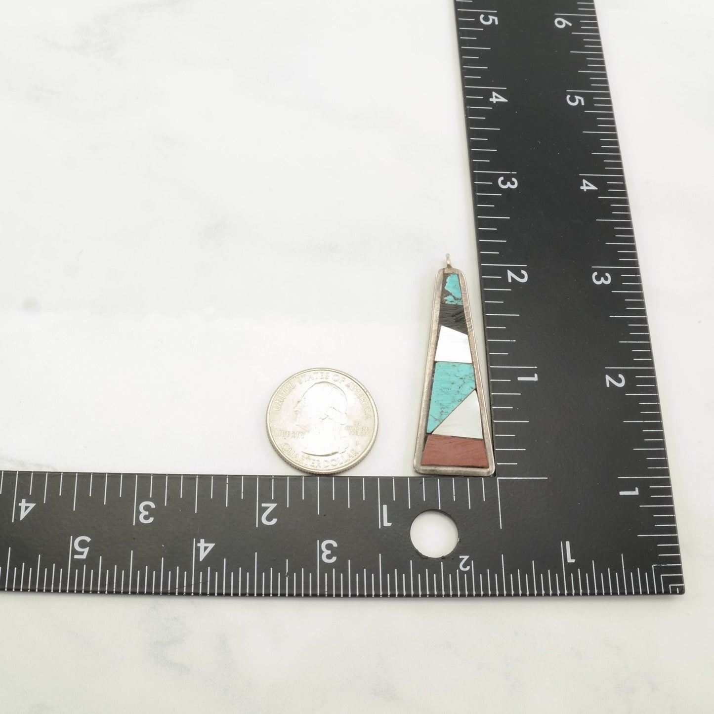 Vintage Native American MOP, Jet, Turquoise, Coral Inlay Sterling Silver Pendant