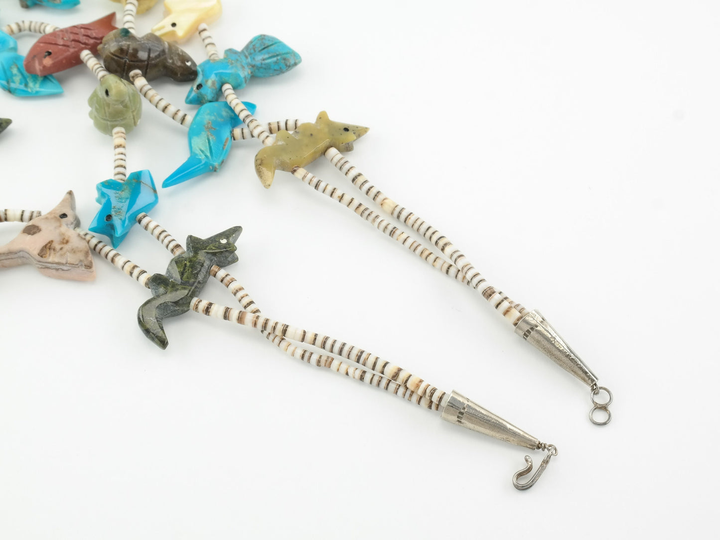 Vintage Zuni Turquoise, Multi Gem, Animal Carvings, Heishi, Bead, Sterling Silver Necklace