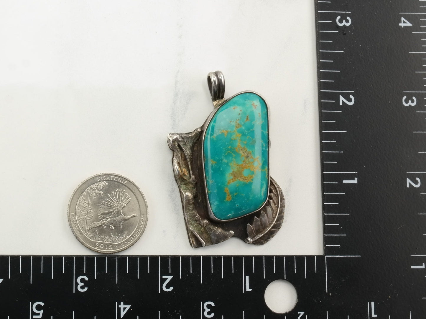Vintage Southwest Turquoise Leaf Sterling Silver Pendant
