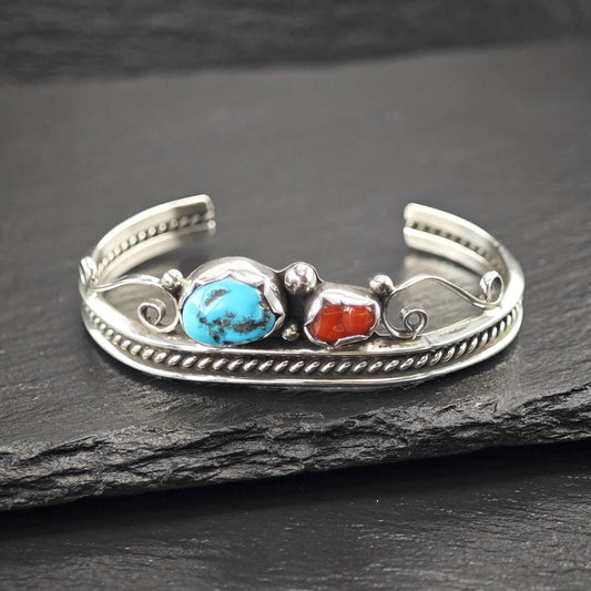Navajo, Native American Turquoise, Coral Cuff Bracelet Sterling Silver
