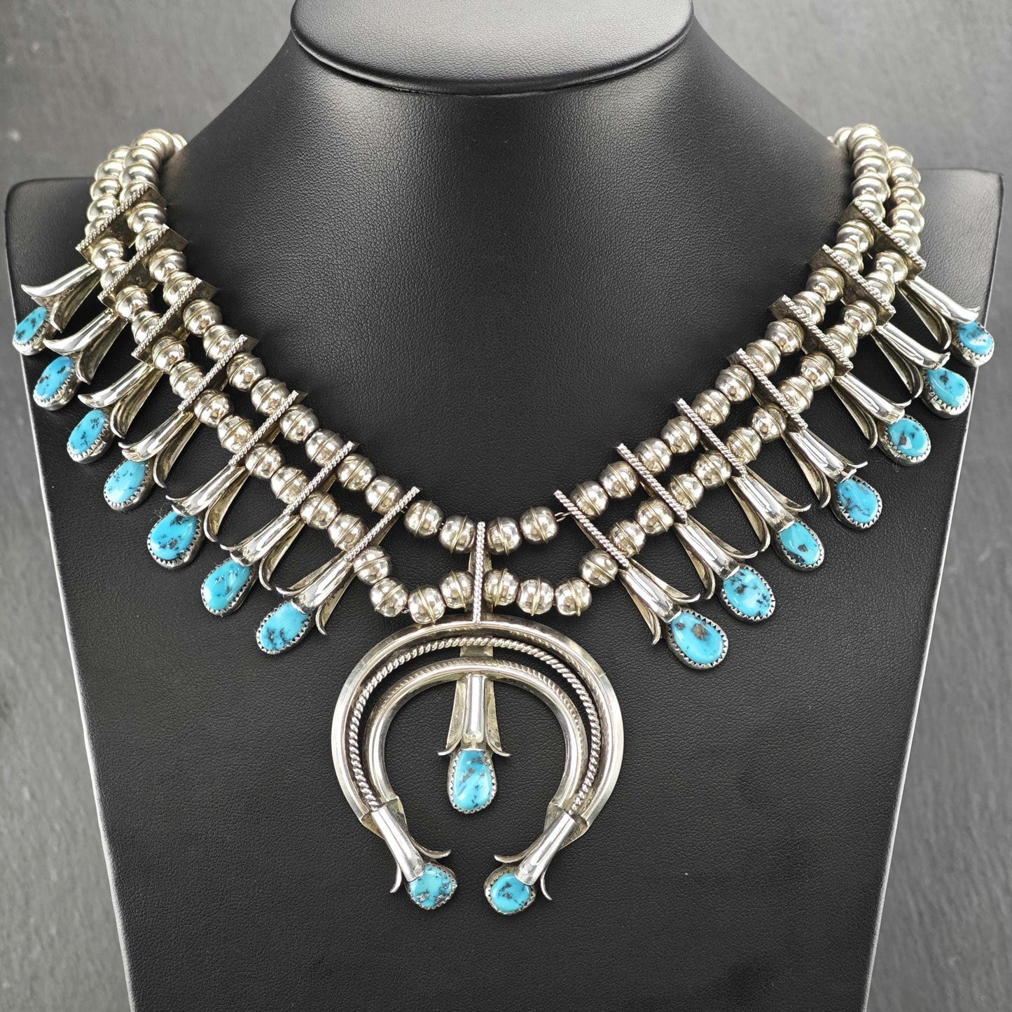 Navajo, Native American Turquoise Squash Blossom Necklace Sterling Silver
