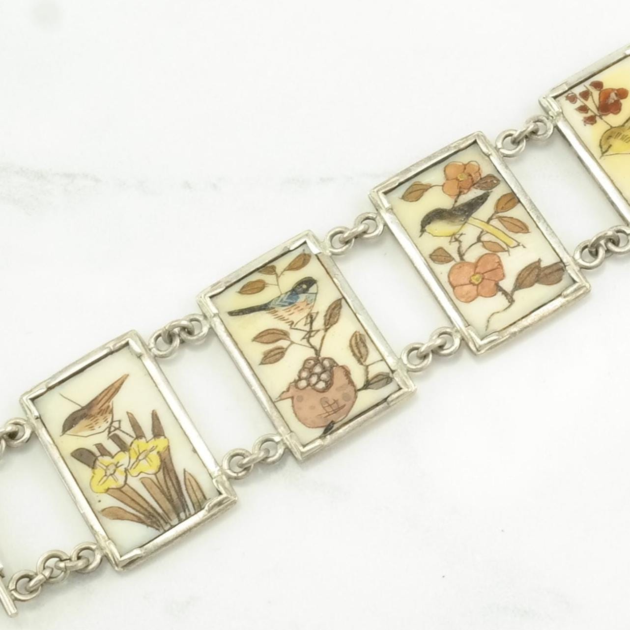 Sterling Silver Link Bracelet Hand Painted Birds, Resin