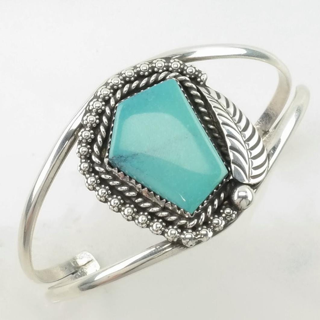 Native American Sterling Silver Cuff Bracelet Blue Turquoise Leaf