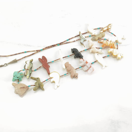 Vintage Native American Sterling Silver Onyx, Coral, Turquoise, MOP Carved Animal, Fetishes, Heishi Necklace