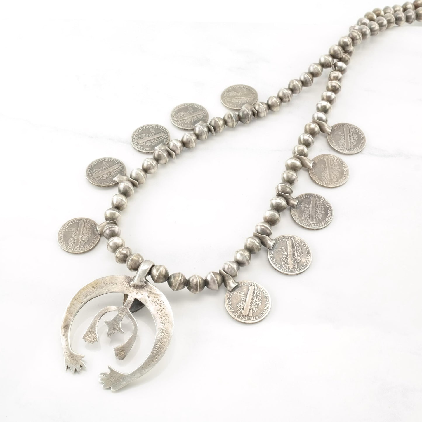 Vintage Native American Turquoise, Mercury Dimes Sterling Silver Squash Blossom Necklace