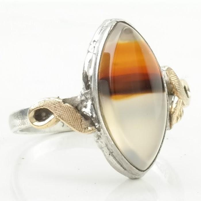 Vintage Art Deco Silver Ring Dendritic Agate Navette Sterling Size 6