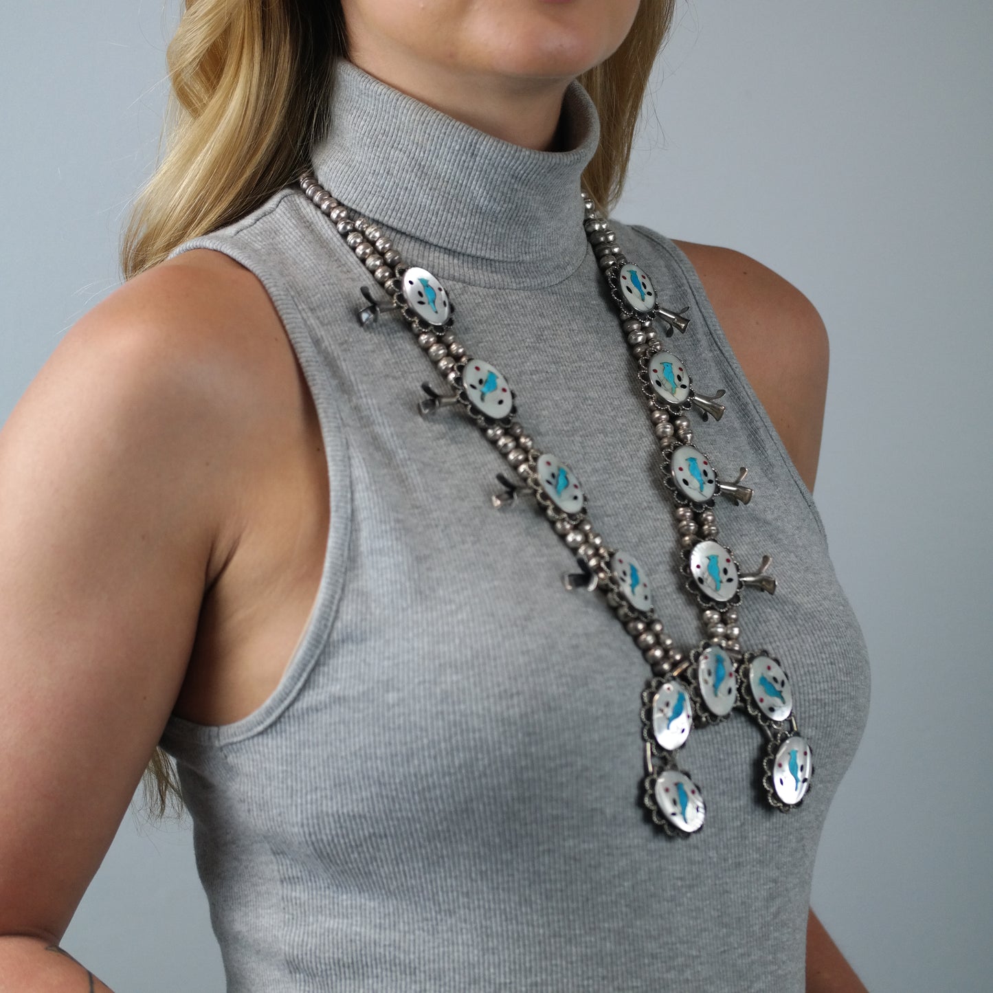 SW Sterling Silver Inlay Blue Jay Squash Blossom Necklace N2669