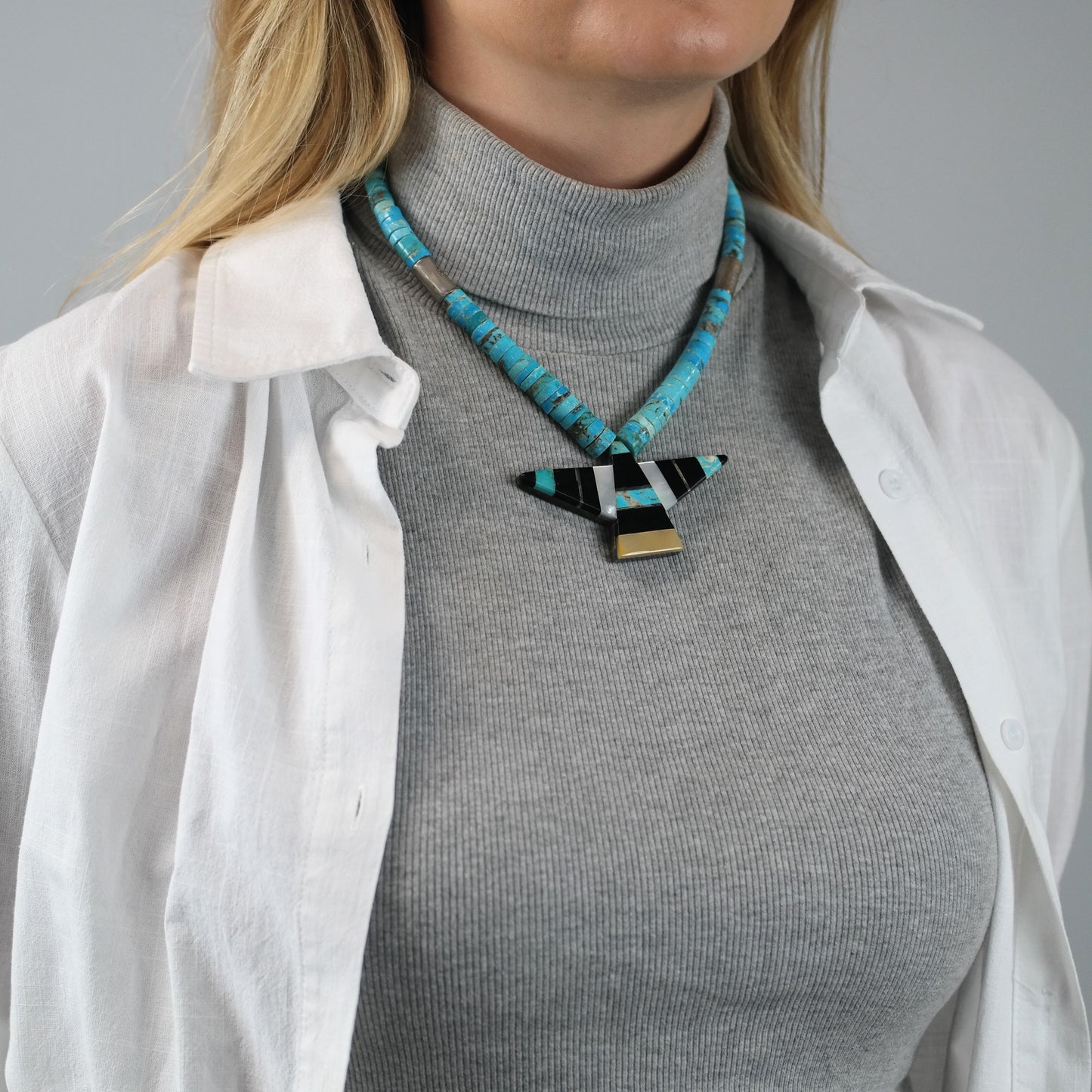 Native American Style Heishi Necklace Turquoise Onyx Graduated Beads 4.9-10.5mm N2665