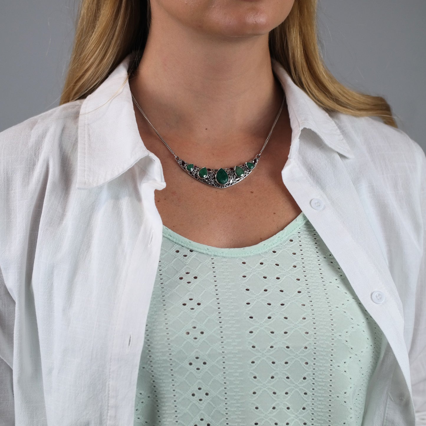 Sterling Silver Emerald Ruby Teardrop Necklace 20" N2633