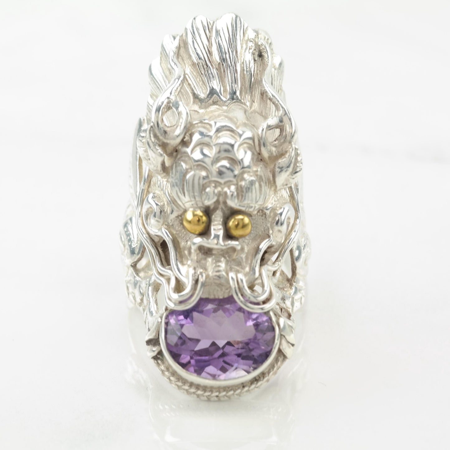 Vintage Large Nepal Amethyst Dragon Purple, Gold Tone Sterling Silver Ring Size 8 1/2
