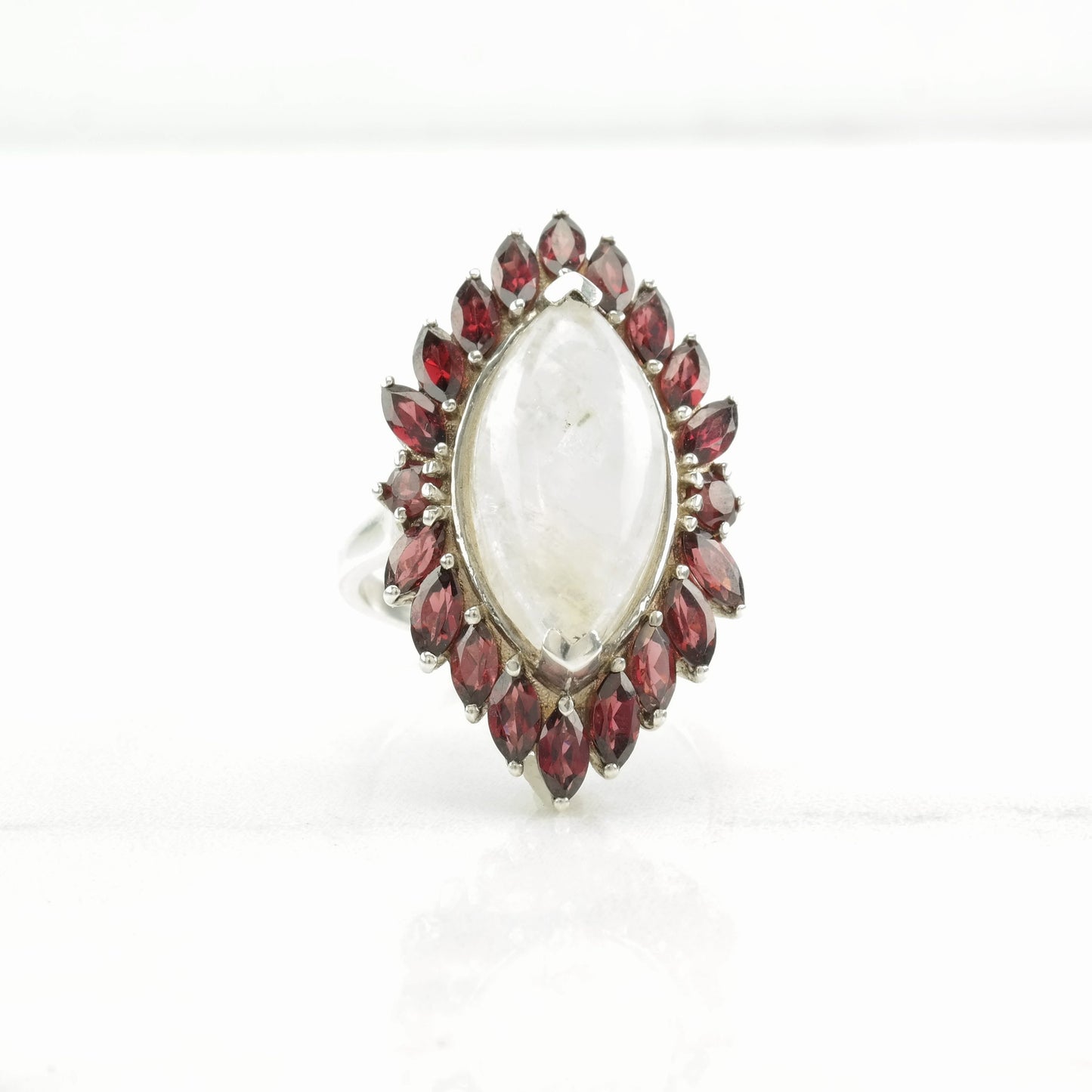 Vintage Sterling Silver Ring Moonstone, Garnet Pink Size 9