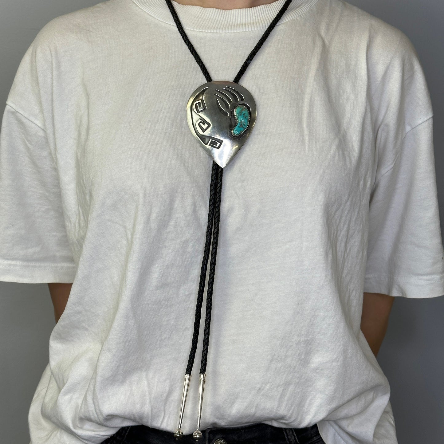 Vintage Navajo Sterling Silver Bolo Tie, Turquoise Bear Paw, Native American Jewelry, Southwestern Style, Mens Bolo Tie, 1970s