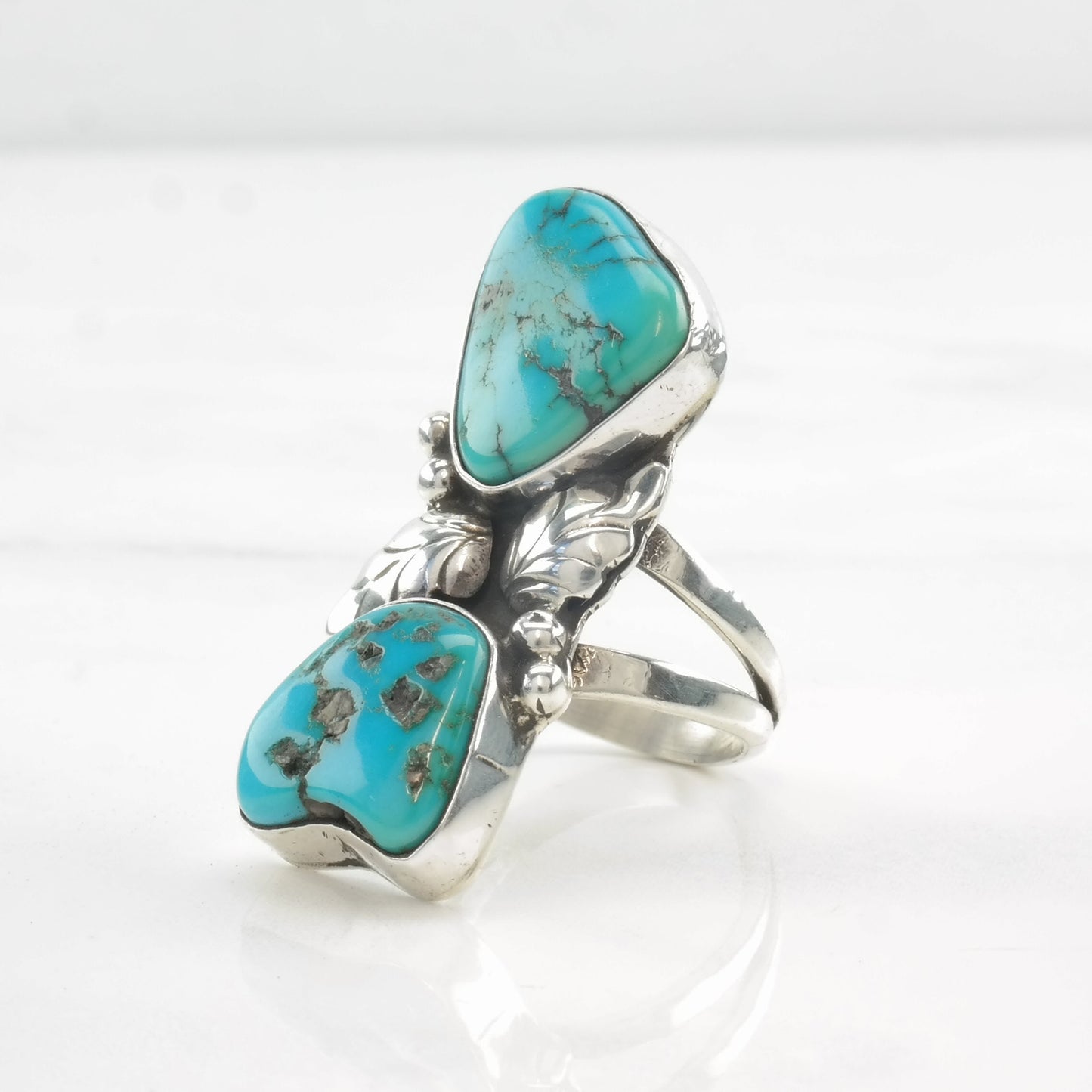 Vintage Native American Ring Two Stone Turquoise, Feather, Leaf Sterling Silver Size 7