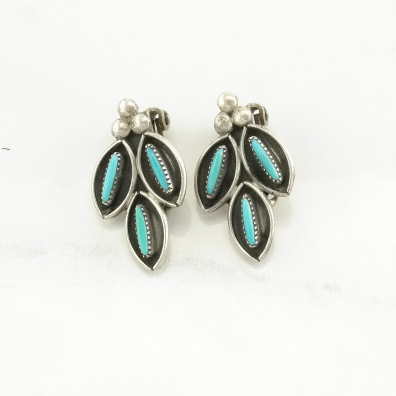 Vintage Sterling Silver Clip on Earrings Native American Blue Turquoise Needle Point, Floral