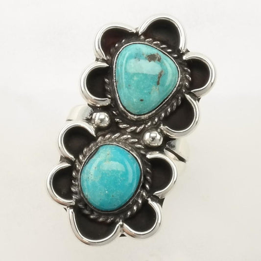 Vintage Native American Silver Ring Double, Turquoise Floral Sterling Blue Size 6 1/2