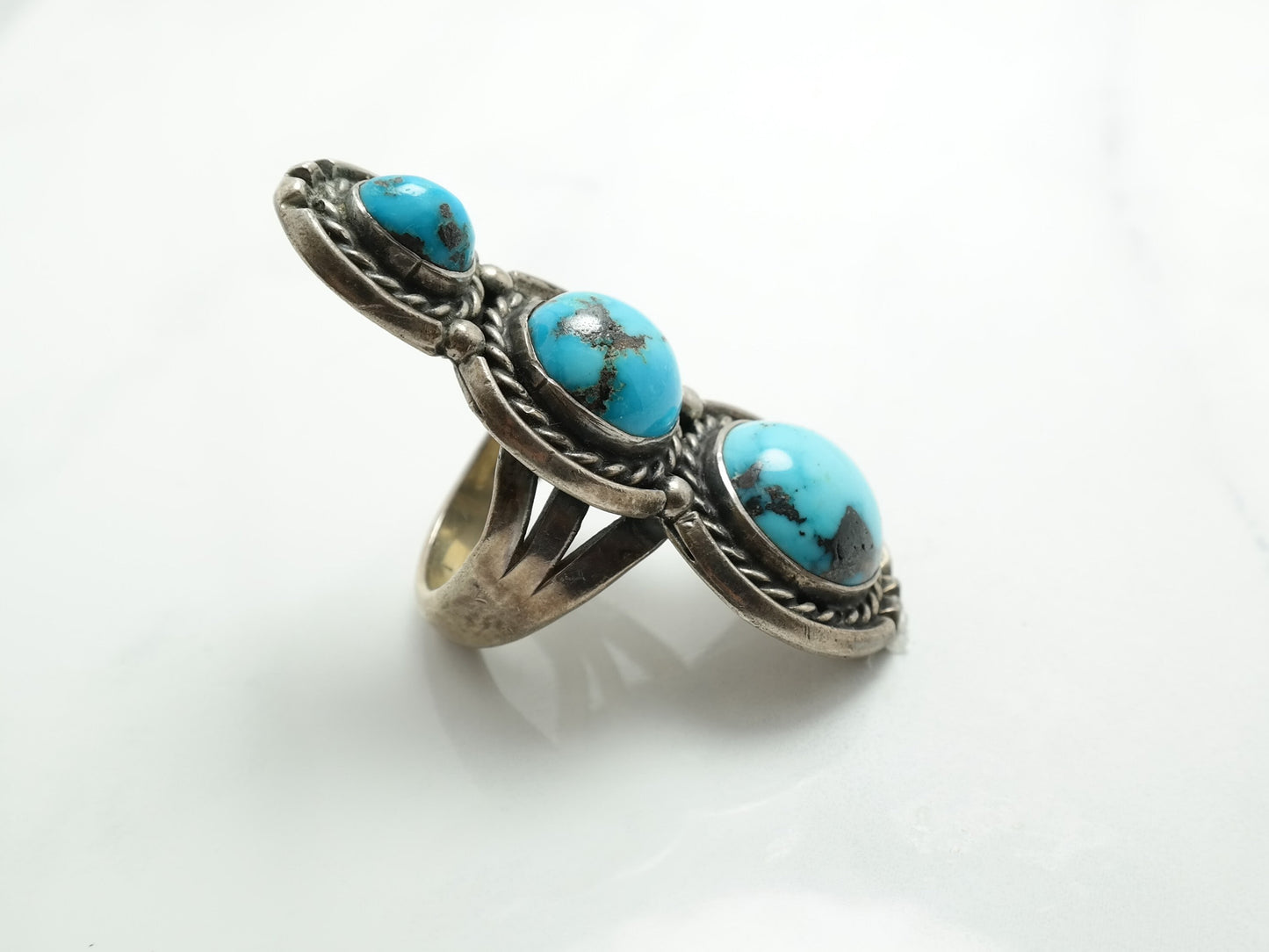 Vintage Native American Sterling Silver Turquoise Ring, Size 7 3/4, 1970s Southwestern Jewelry, Boho Statement Ring, Three Stone Ring