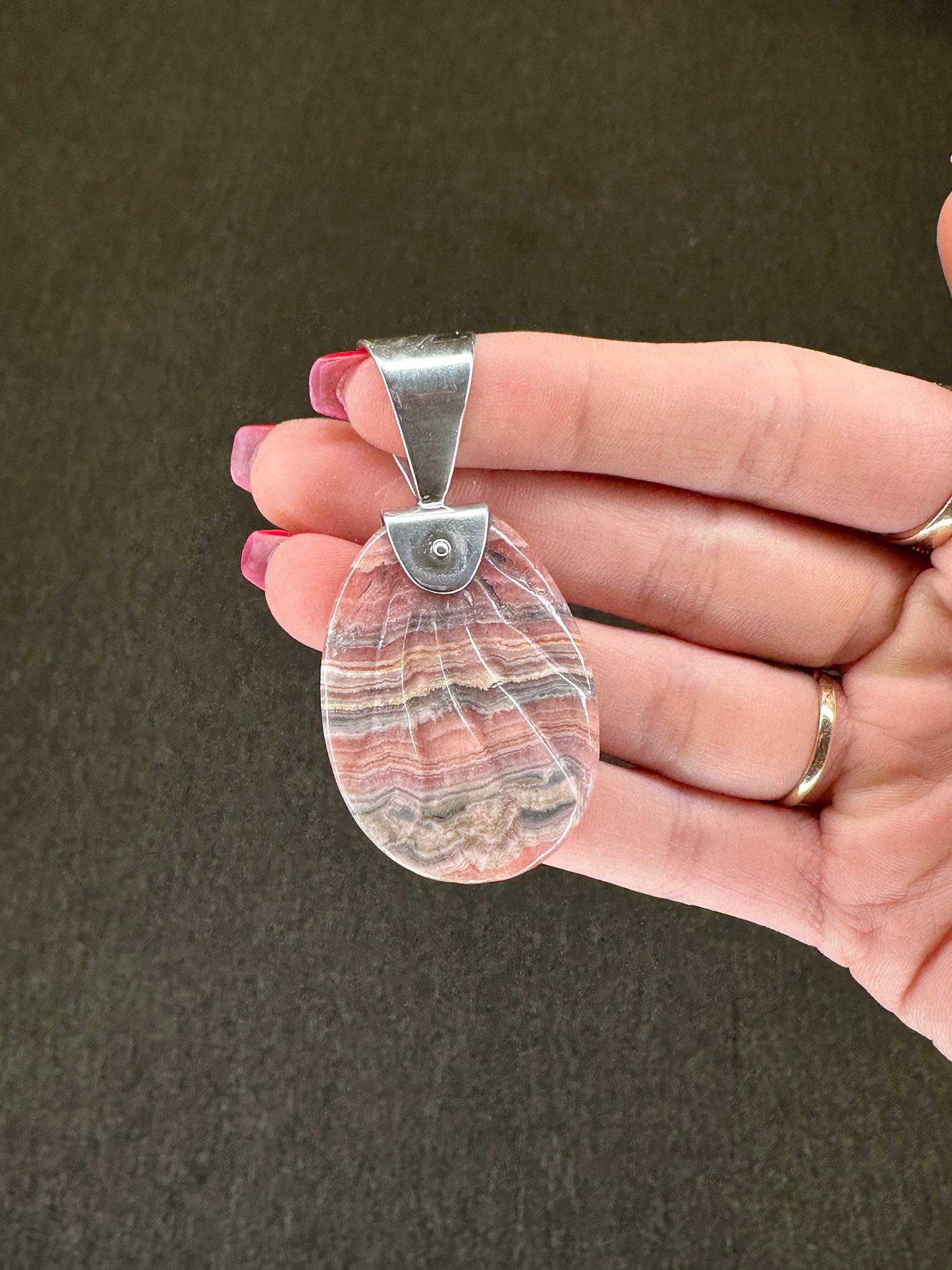 Vintage DTR Rhodochrosite Oval Shell Carved Sterling Silver Pendant