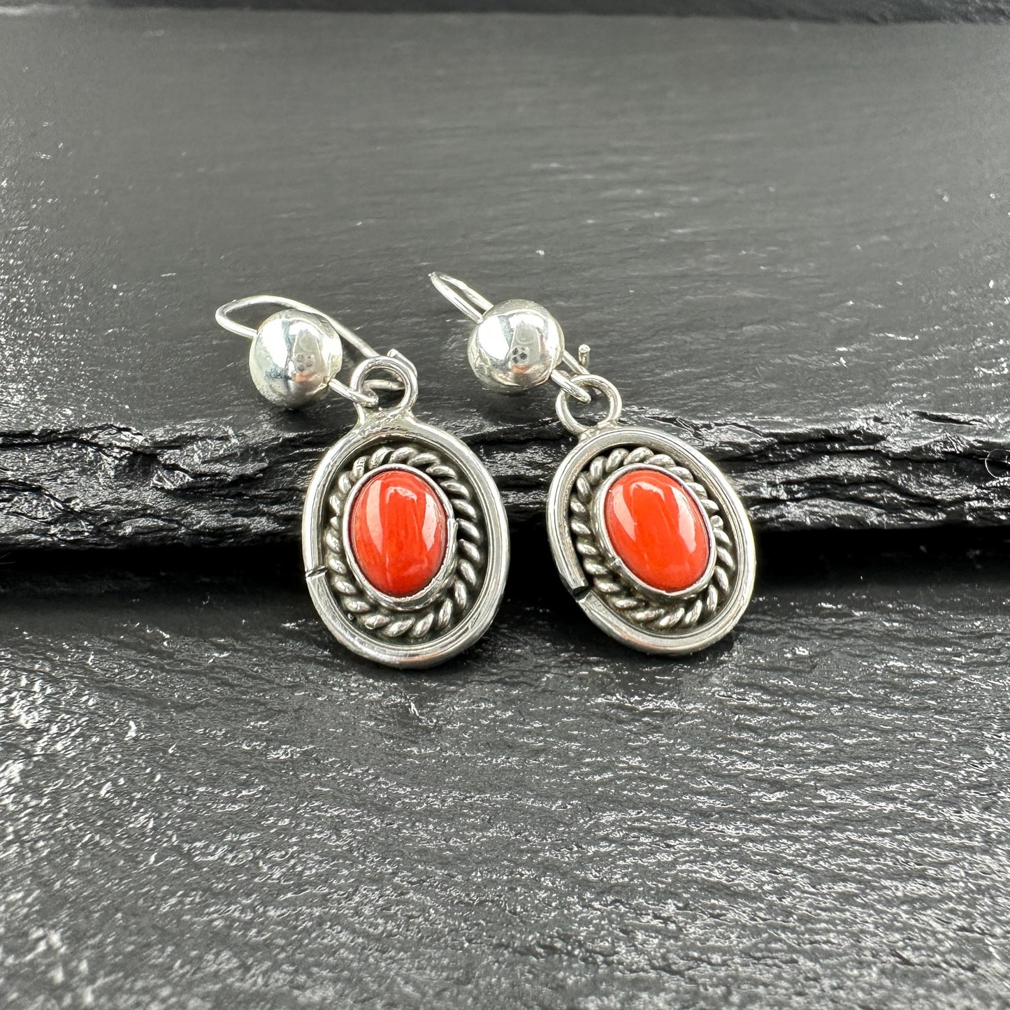 Native American Red Coral Oval Kidney Wire Earrings Sterling Silver