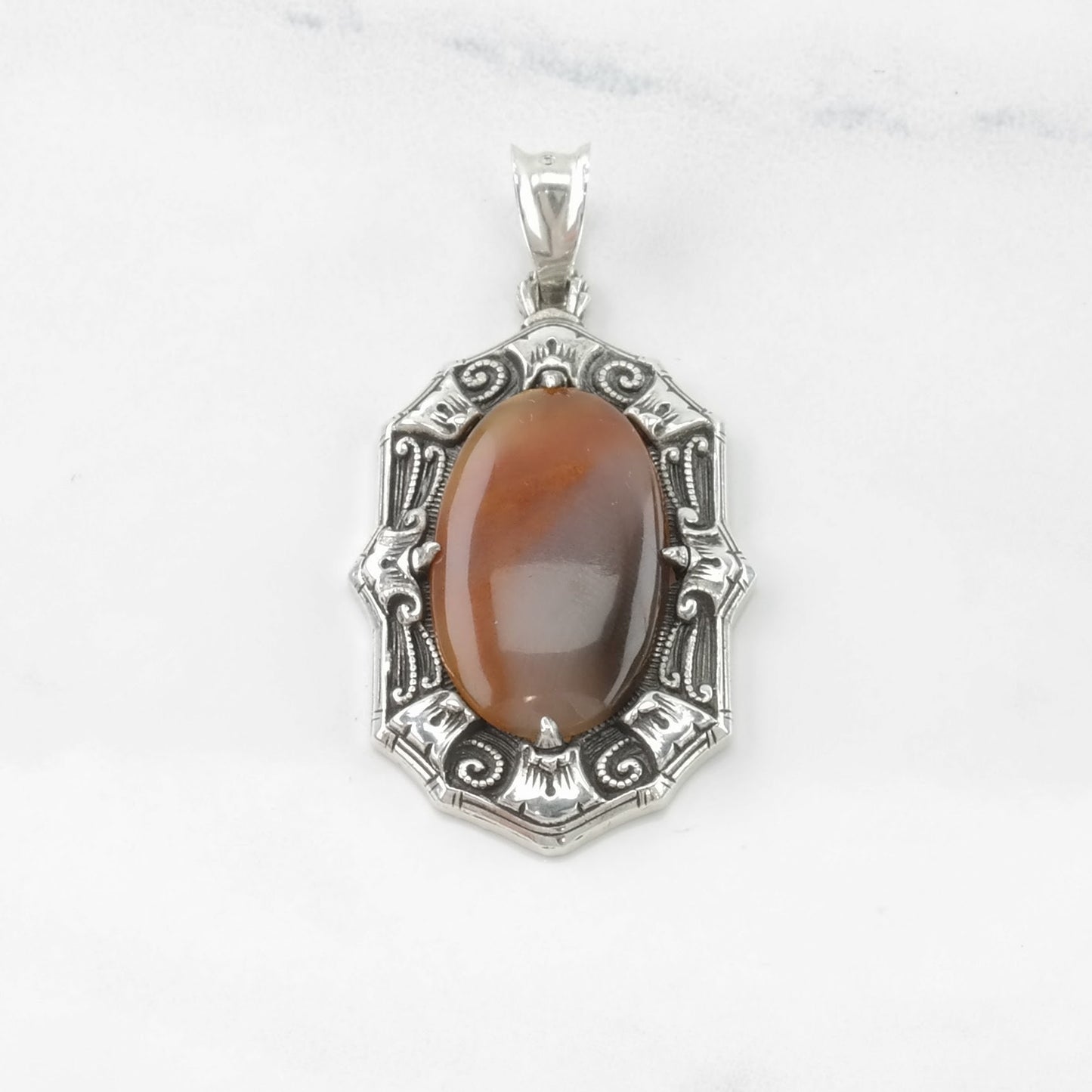 Vintage Art Deco Agate Scroll Sterling Silver Pendant