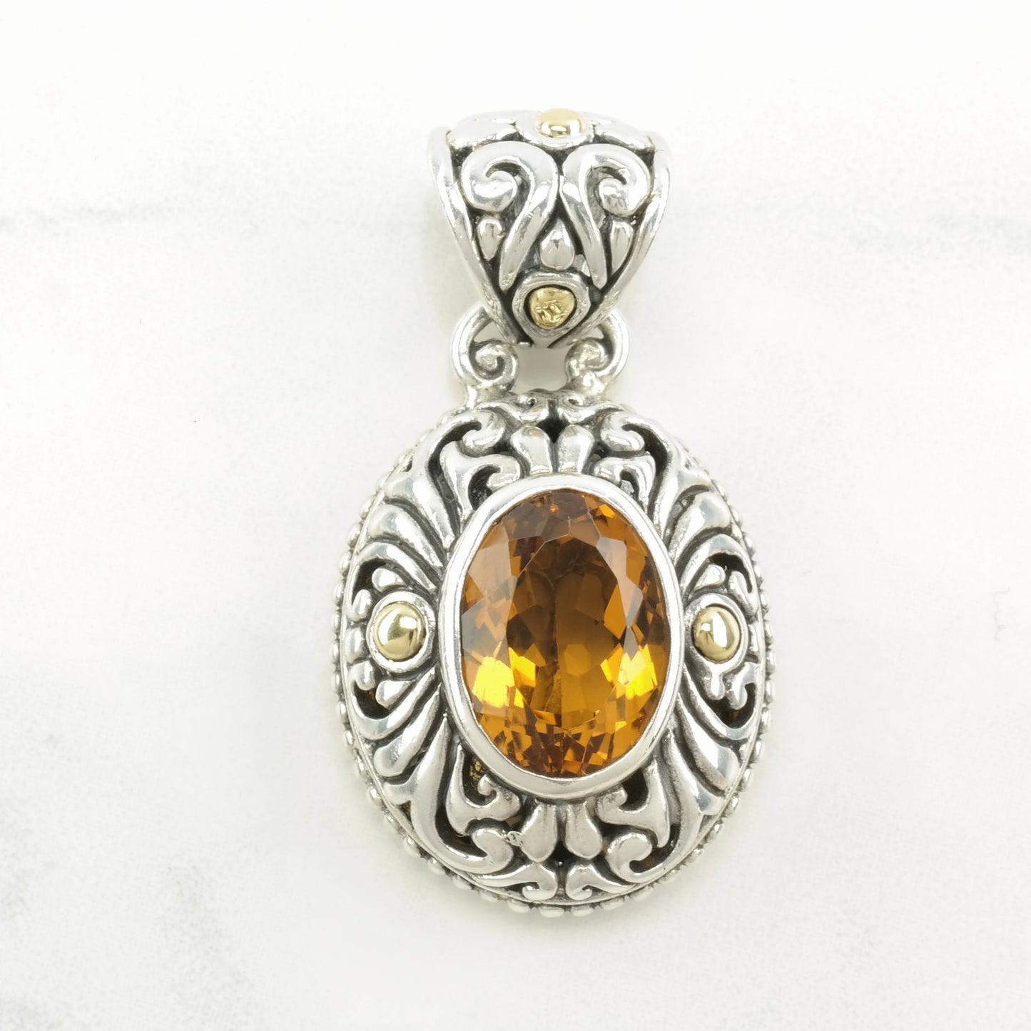 Vintage Citrine, 18K Gold Accent Ornate Sterling Silver Pendant