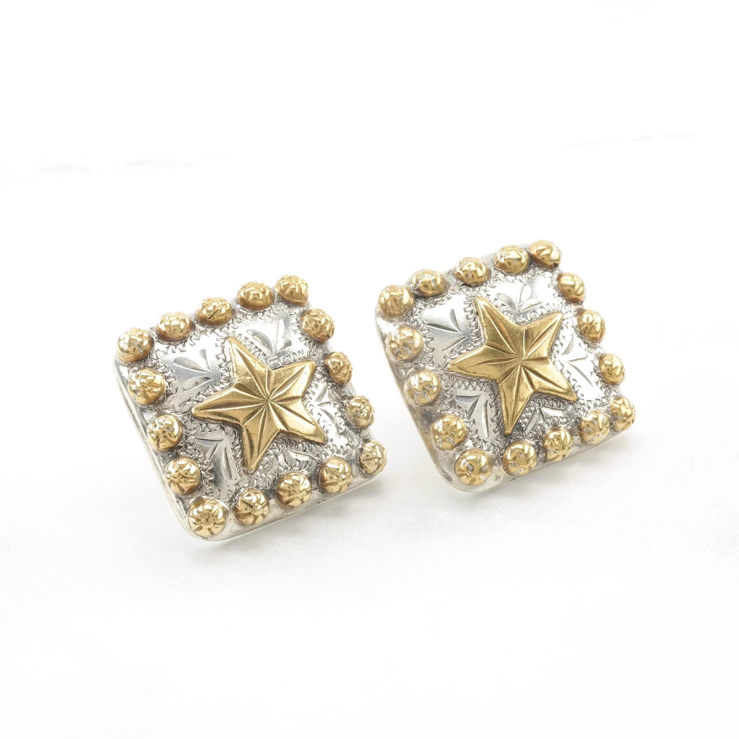 Vintage Western Sterling Silver Stud Earrings Square Brass Star