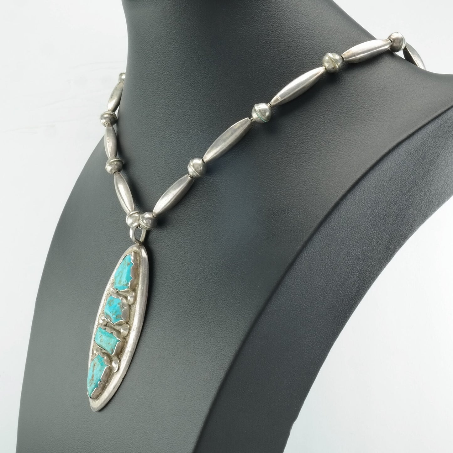 Vintage Native American Sterling Silver Turquoise Beaded Necklace