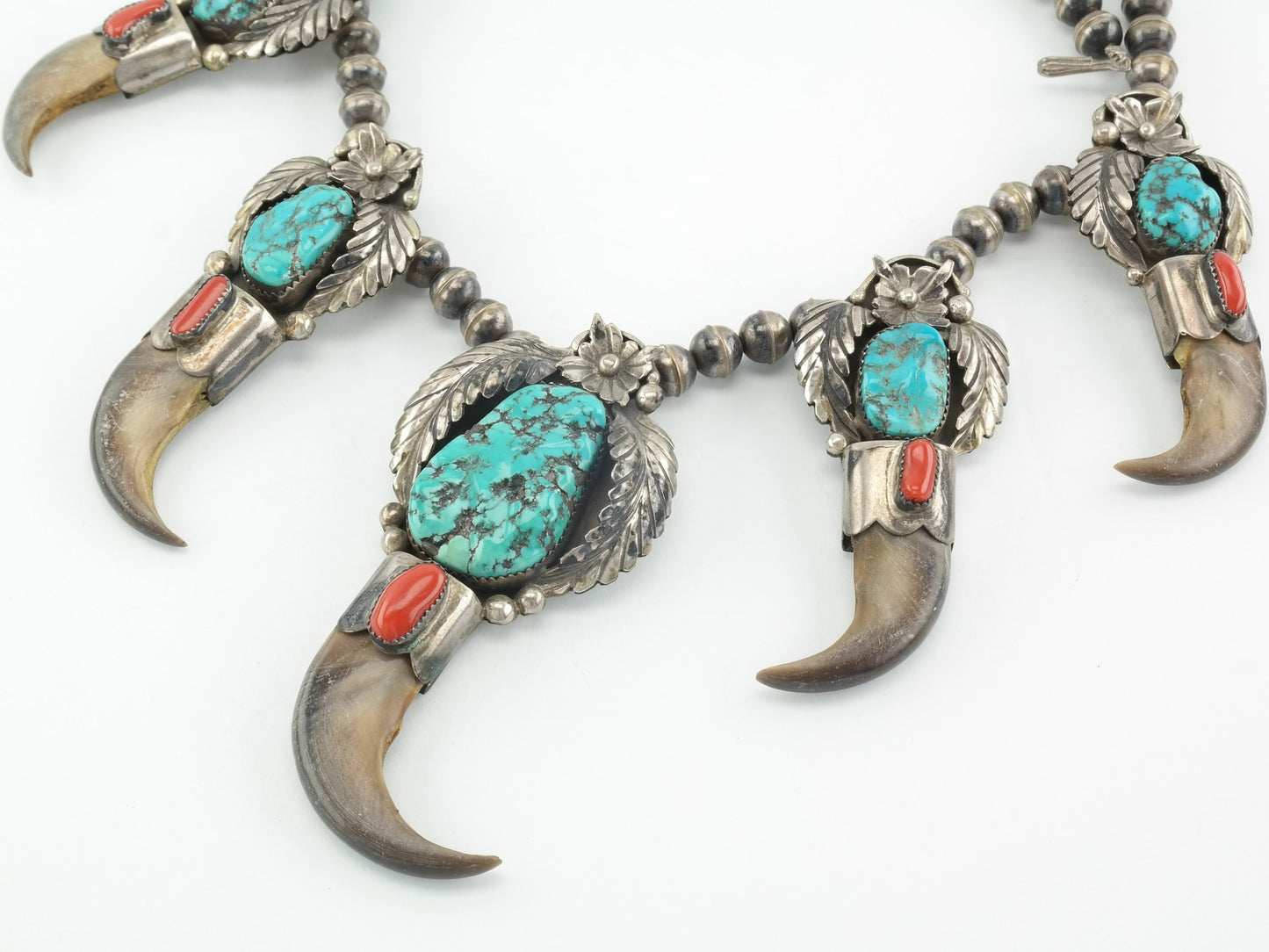 Native American Sterling Silver Turquoise, Coral, Floral, Feather Necklace