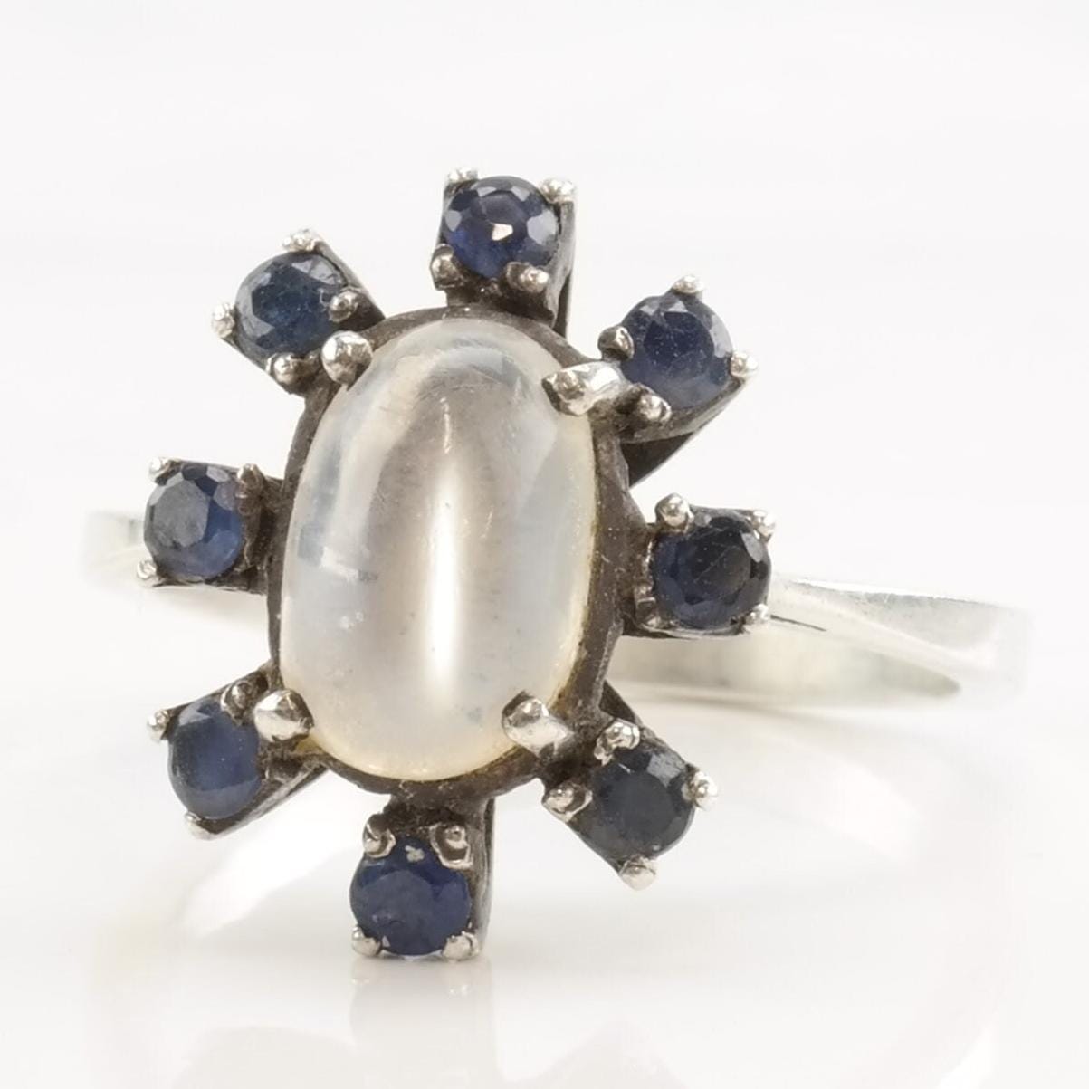 Vintage Mid Century Silver Ring Moonstone Sapphire Flower Sterling Size 7 1/4