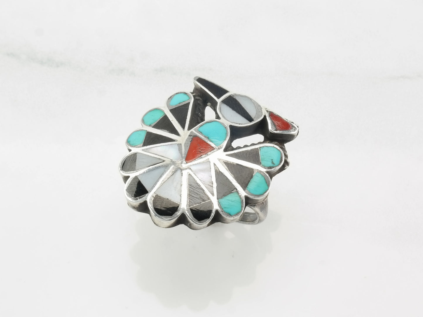 Vintage Native American Silver Ring Peyote Inlay, Bird Sterling Size 8 3/4