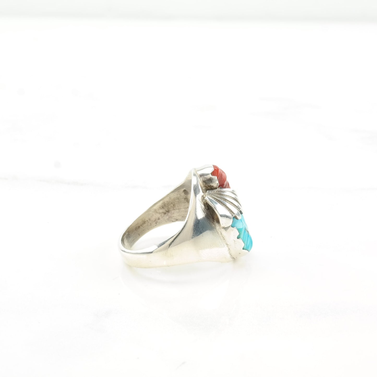Native Silver Ring Coral Turquoise Carved Leaf Sterling Sz8 R4551