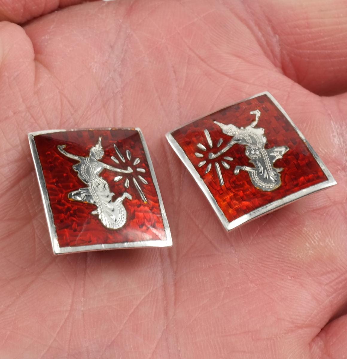 Sterling Silver Enamel Mekhala Goddess of Lightening Earrings Clip On