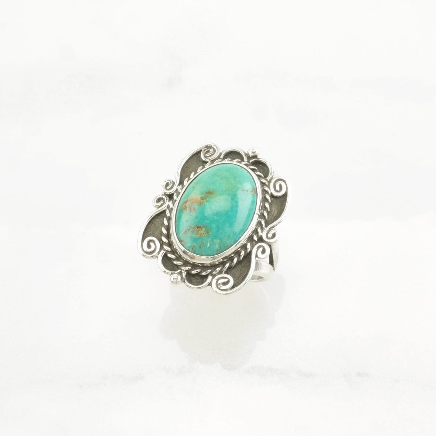 Vintage Southwest Silver Ring Turquoise Scroll Detail Sterling Blue Size 8 1/4