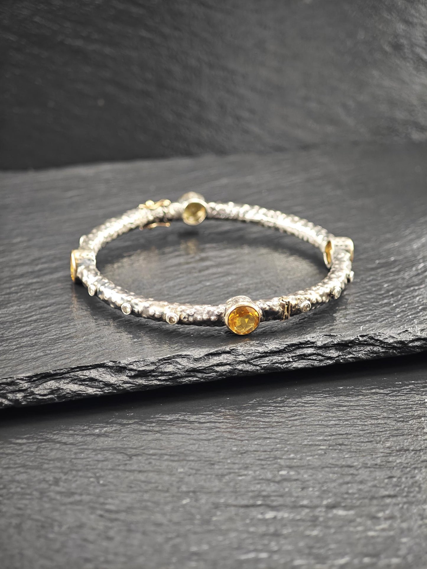 Brutalist 18K Gold Accent Citrine, Diamond Bangle Bracelet Sterling Silver