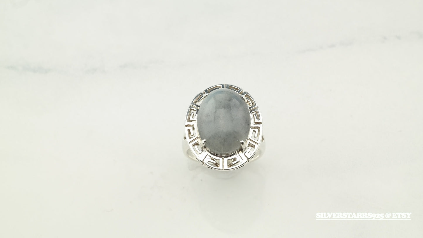 Vintage Jade Silver Ring Greek Key Sterling Size 7