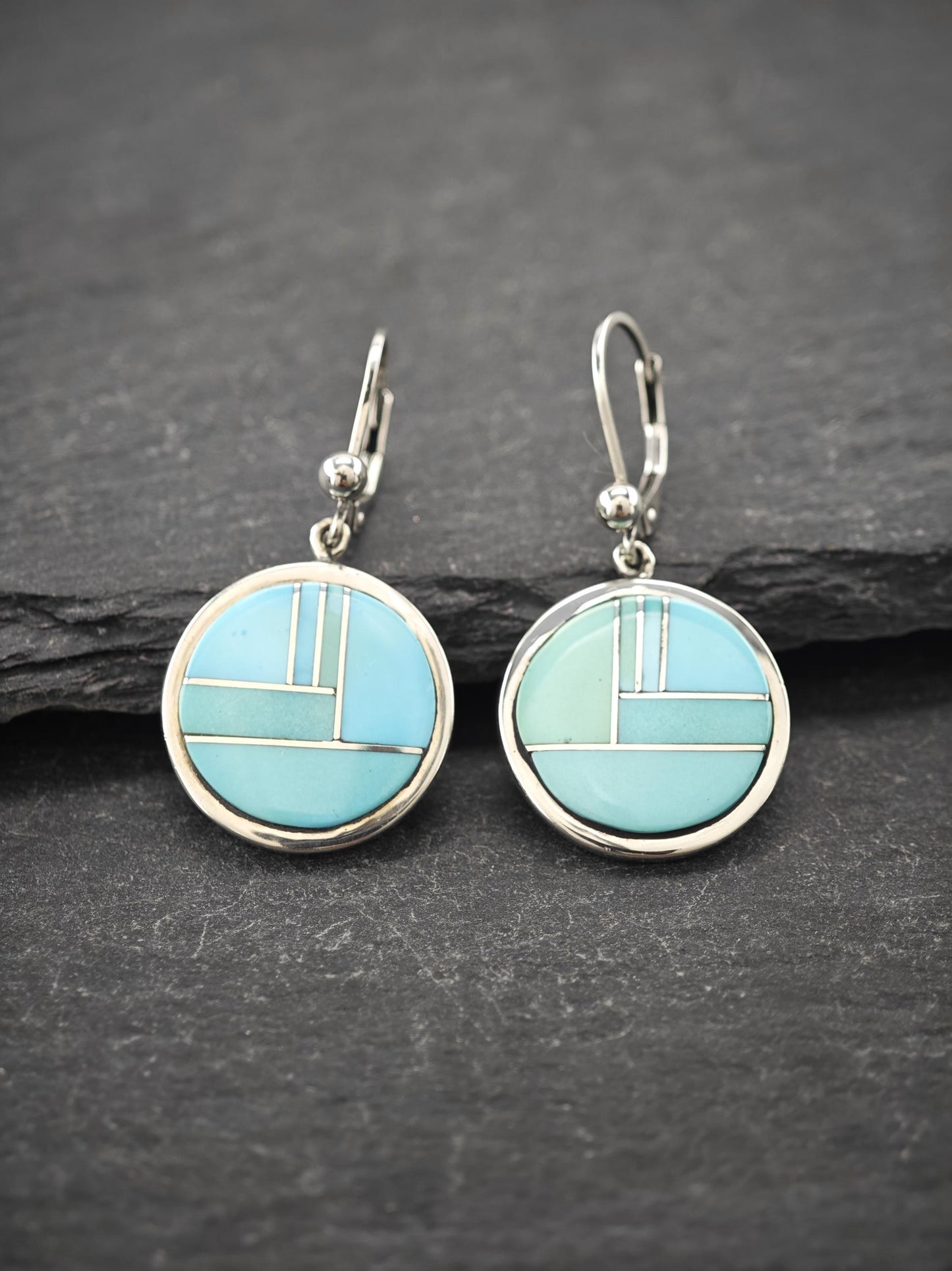 Calvin Begay, TSF, Native American Inlay Lever Back Earrings Sterling Silver