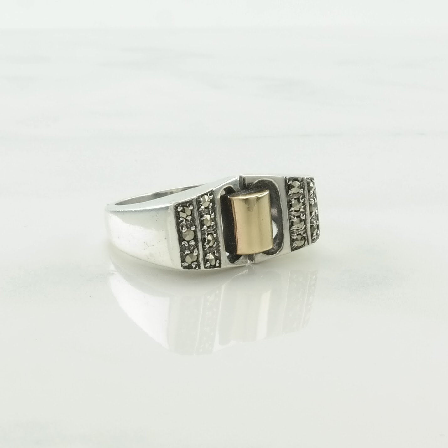 Vintage Sterling Silver Ring 10K Gold Accent, Marcasite Size 7