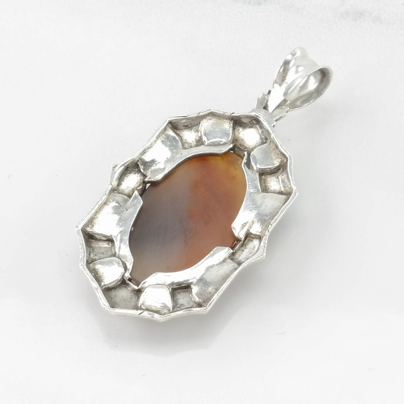 Vintage Art Deco Agate Scroll Sterling Silver Pendant