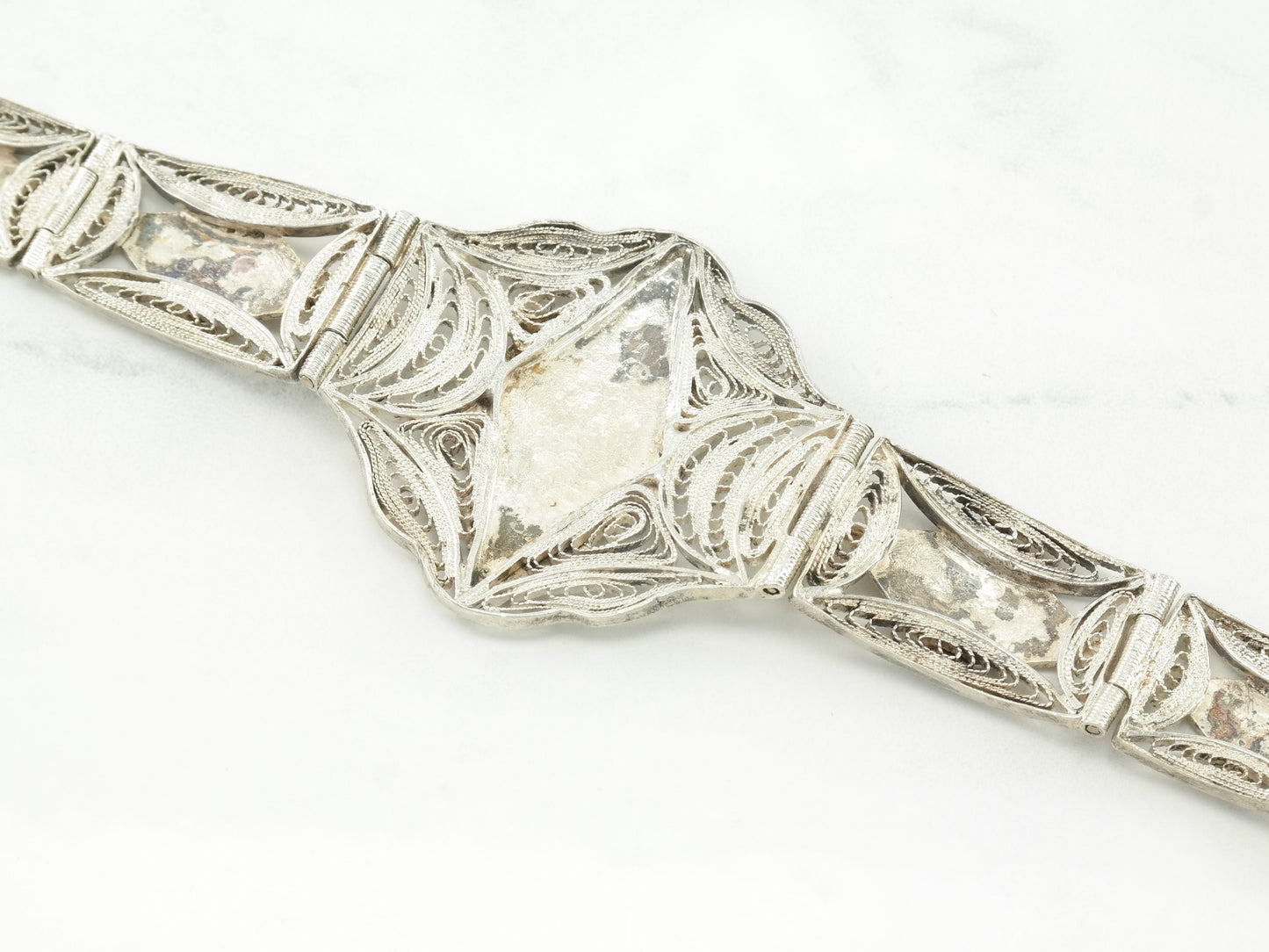 1943 Egyptian Sterling Silver Filigree Panel Bracelet Scenic