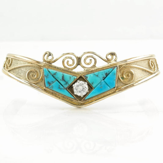 Native American Sterling Silver Cuff Bracelet Blue Turquoise, White Gemstone 12K Gold Filled