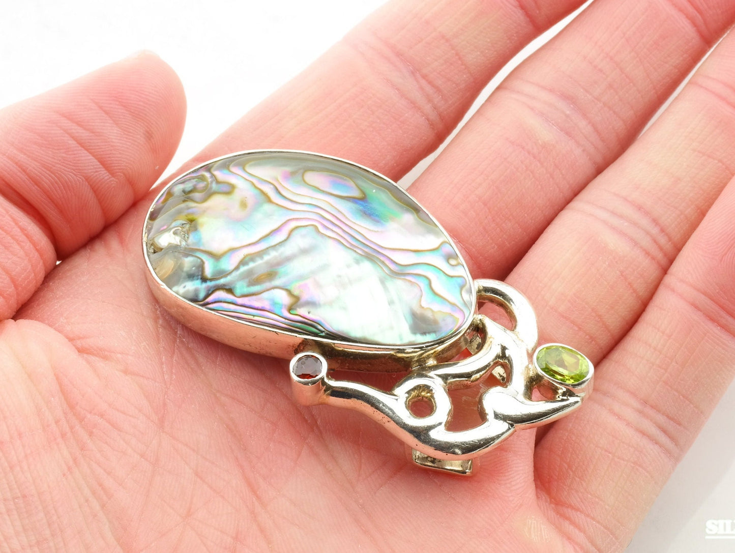 Vintage Abalone Garnet Peridot Sterling Silver Pendant