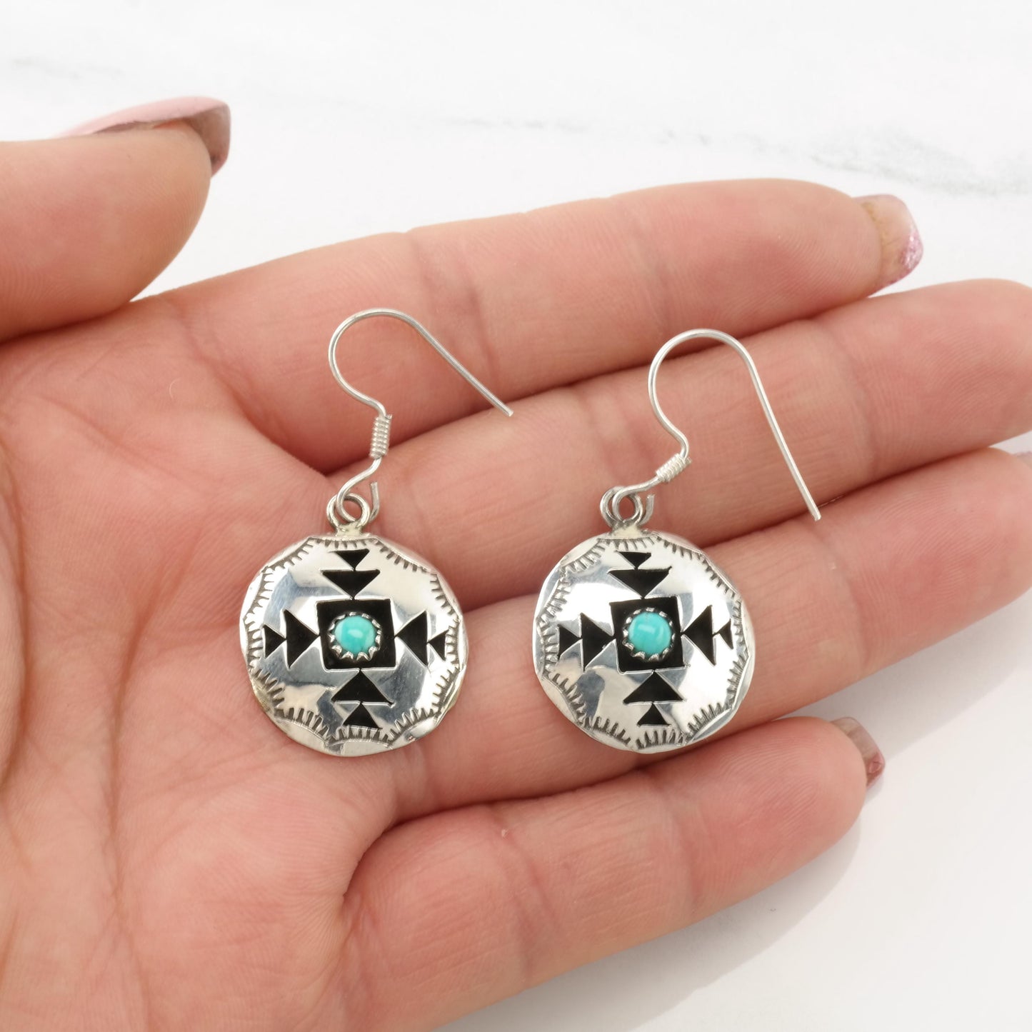 Vintage Native American Turquoise Stamped Sterling Silver Fish Hook Earrings