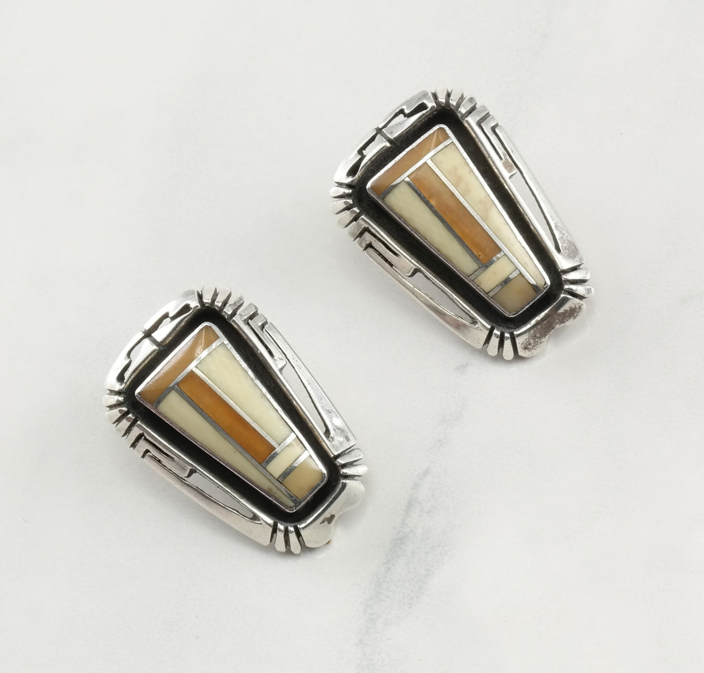 Native American Sterling Silver Mosaic Inlay Shadowbox Earrings Clip On
