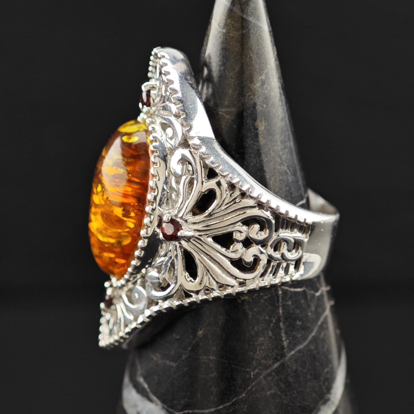 BBJ Amber Ruby Ring Sterling Silver Filigree Sz 6 1/4 R6090