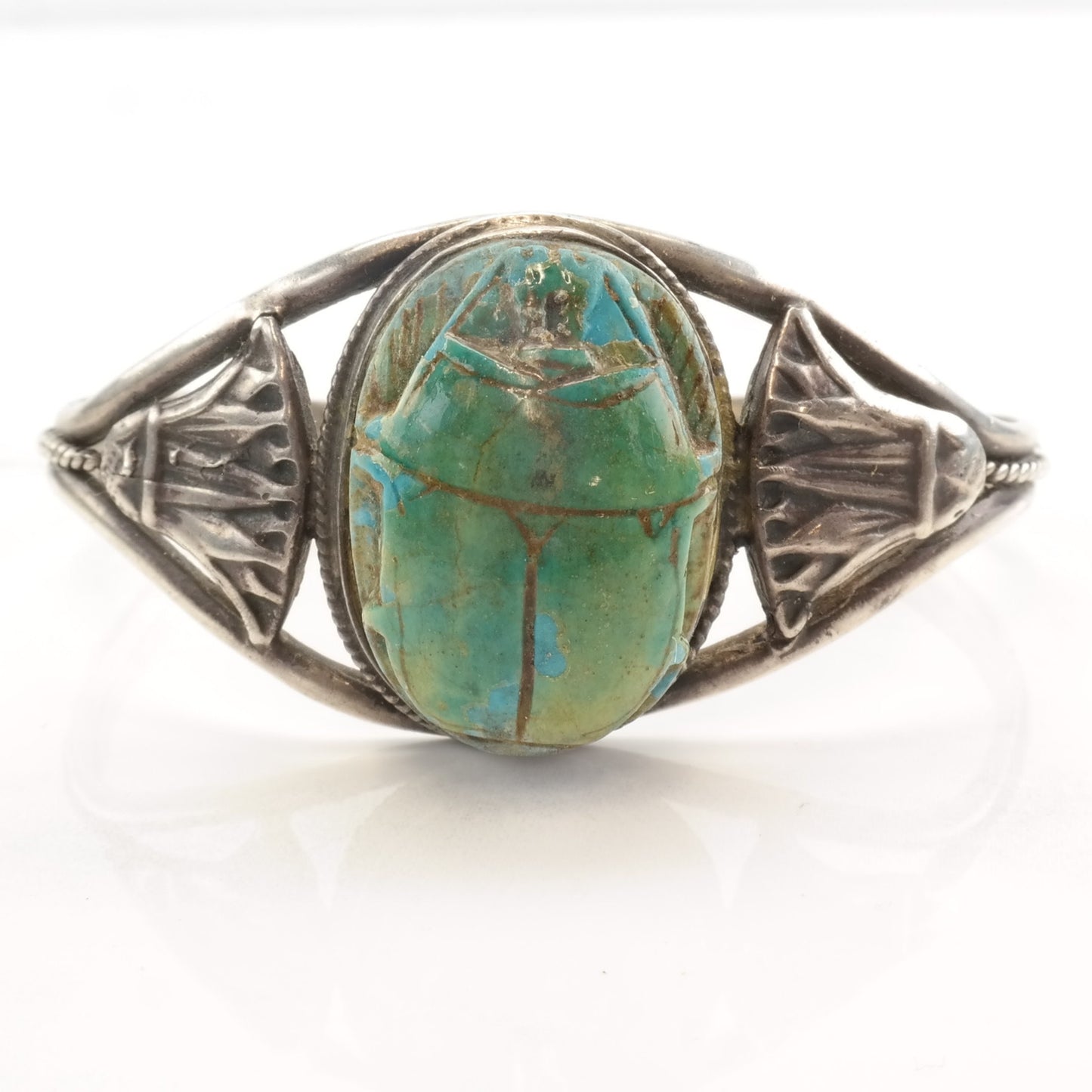 Archeological Revival Sterling Silver Cuff Bracelet Wood Scarab