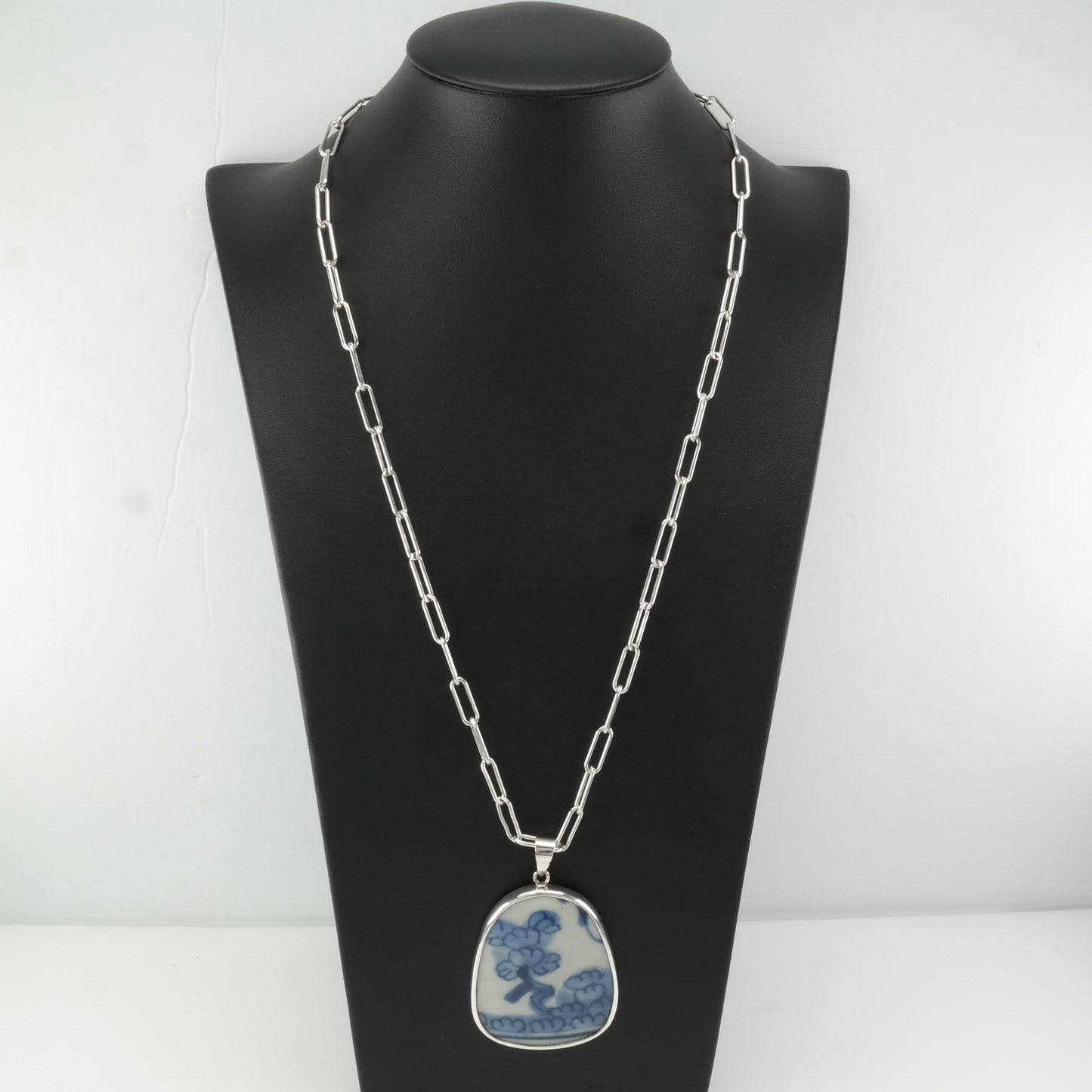 Vintage Chinese Sterling Silver Blue, White Painted Porcelain Trees Necklace